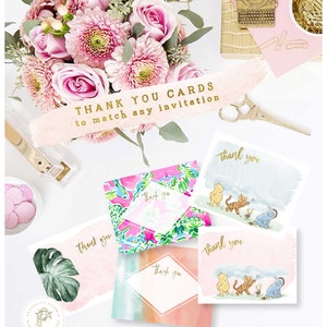 May include: Five thank you cards with different designs. The cards are all white with a watercolor background. The designs include a pink and green floral pattern, a blue and green watercolor pattern, a pink watercolor pattern, and two cards with a Winnie the Pooh theme. The text "Thank you" is written on each card.