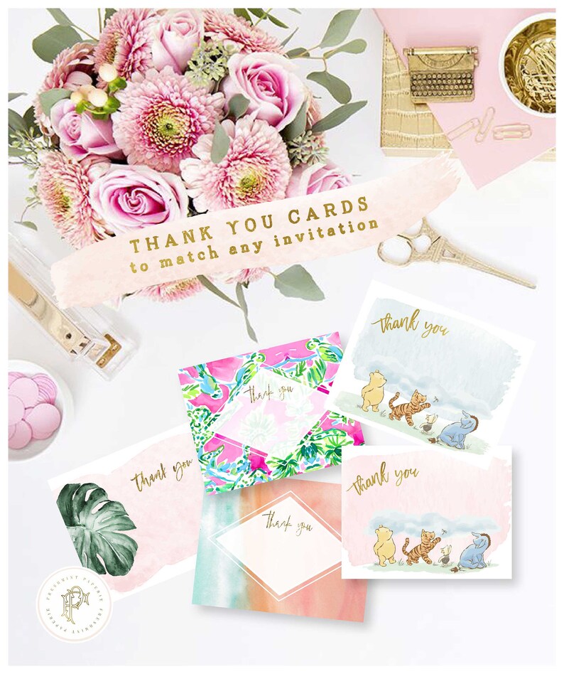 May include: Five thank you cards with different designs. The cards are all white with a watercolor background. The designs include a pink and green floral pattern, a blue and green watercolor pattern, a pink watercolor pattern, and two cards with a Winnie the Pooh theme. The text "Thank you" is written on each card.