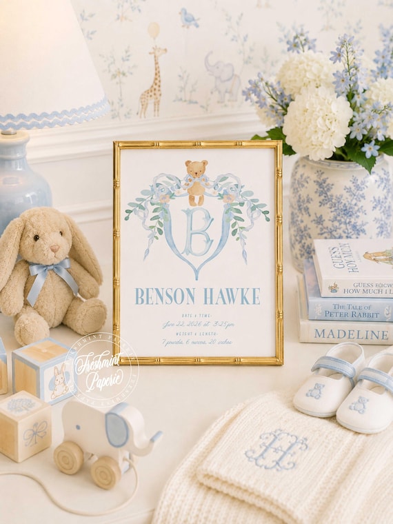 Monogram Nursery Wall Art, Teddy Bear, Newborn Announcement