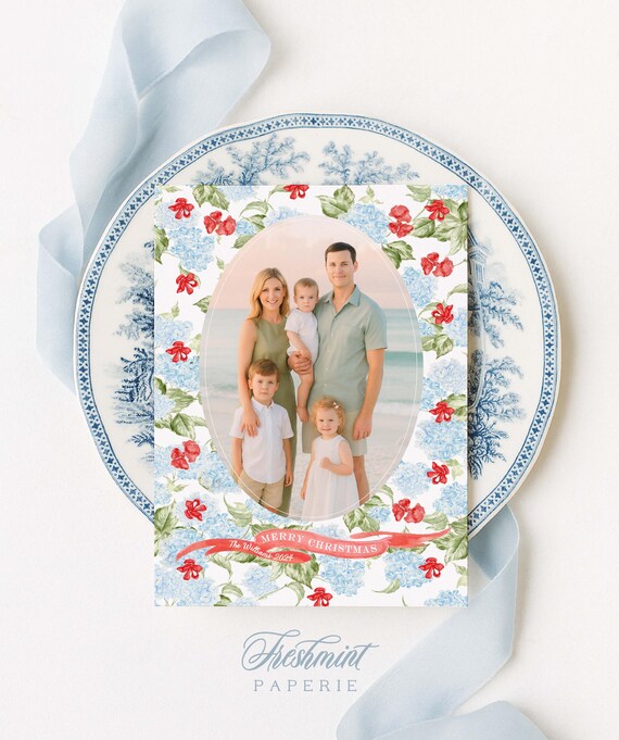 Watercolor Hydrangea Holiday Cards: Pretty Christmas Photo Card, Red florals