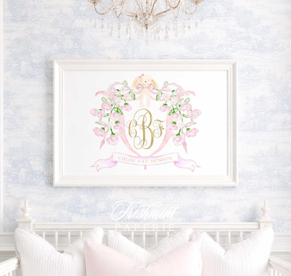 Watercolor Bunny Nursery Print, Custom Monogram, Floral Wreath