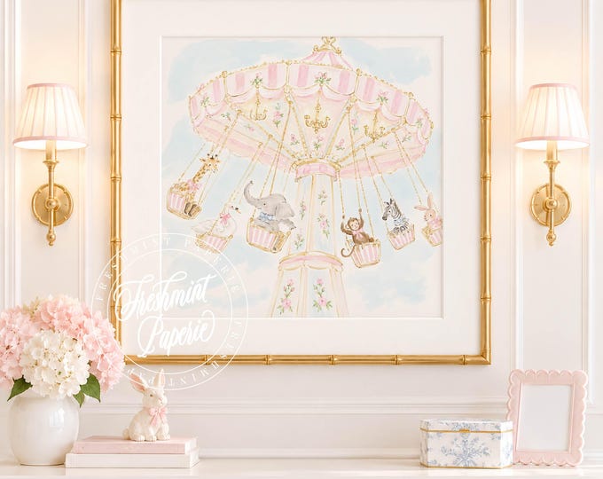 Nursery Wall Art, Bunny art, Carnival Swings, Library, Grandmillennial, Chinoiserie
