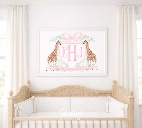 Watercolor Giraffe Nursery Art, Custom Name Print, Monogram, Crest, Pink Bow