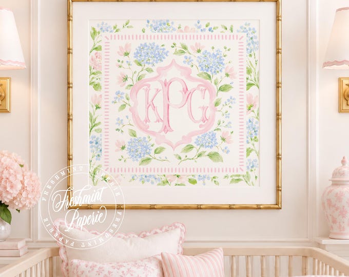 Monogram Wall Art, Hydrangea, Chinoiserie, Floral, Grandmillennial, Watercolor