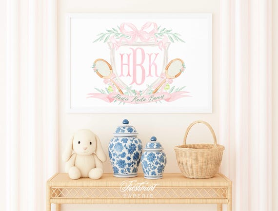 Watercolor monogram nursery Wall Art, Country Club Tennis Racket, Monogram Nursery, Custom nursery wall art, Tennis nursery art, Tennis