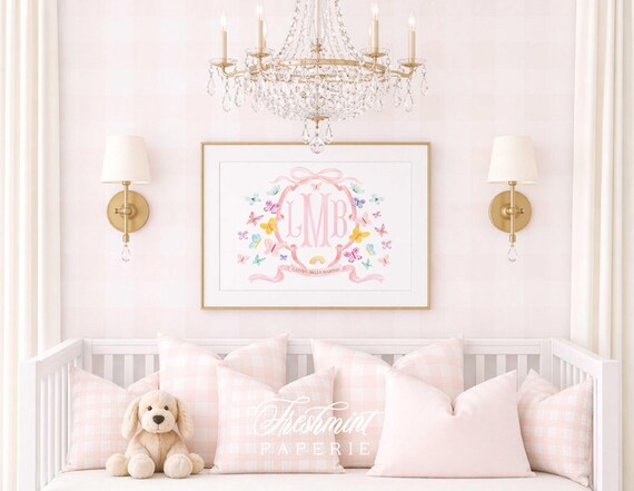 Butterfly Nursery Wall Art: Rainbows, Pink Bow, Monogram, Pink Crest, Watercolor