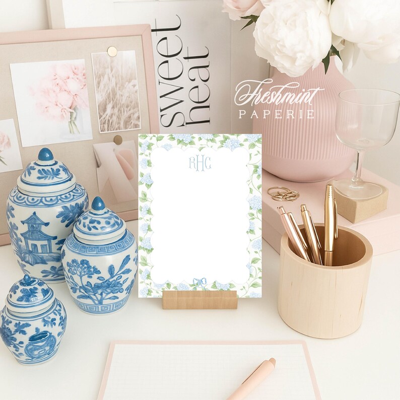 Hydrangea Watercolor Floral Notepad: Custom Monogrammed Stationery ...