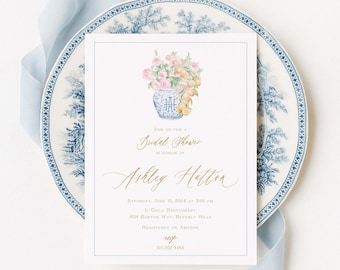 Ginger Jar Bridal Shower Invitation, Lemon, Chinoiserie, Peony, Flower Vase, Grandmillennial