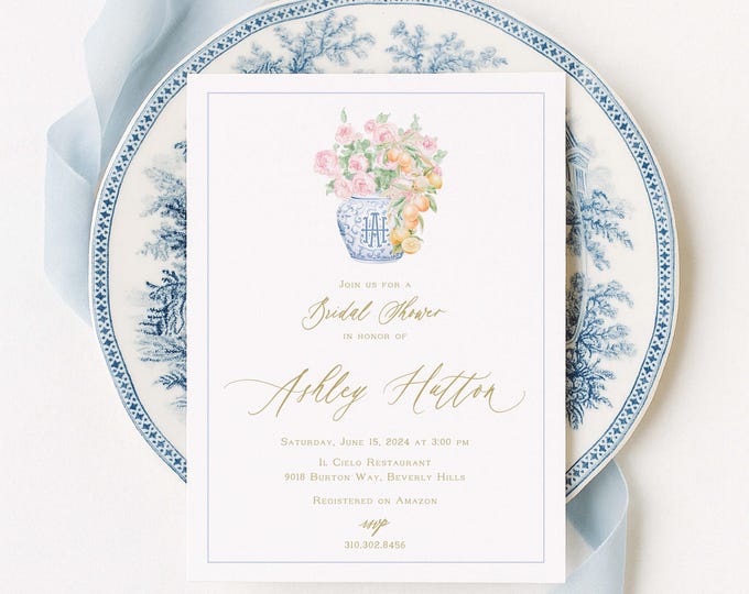 Ginger Jar Bridal Shower Invitation, Lemon, Chinoiserie, Peony, Flower Vase, Grandmillennial