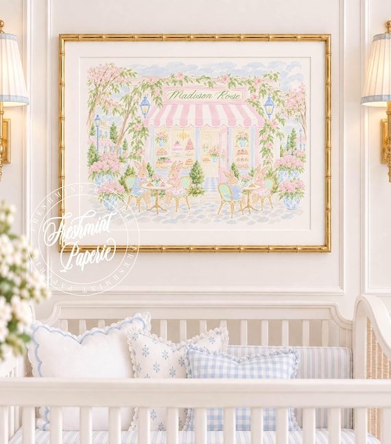 Watercolor Floral Nursery Print, Pastel Bunny Patisserie Café