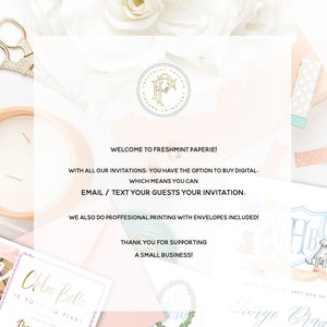K&ouml;nnte beinhalten: Ein rosa und wei&szlig;er Hintergrund mit dem Text "Willkommen bei Freshmint Paperie!" Der Text setzt sich fort mit "Bei all unseren Einladungen haben Sie die M&ouml;glichkeit, digital zu kaufen, was bedeutet, dass Sie Ihre Einladung per E-Mail oder SMS an Ihre G&auml;ste senden k&ouml;nnen. Wir bieten auch professionellen Druck mit Umschl&auml;gen an! Vielen Dank f&uuml;r die Unterst&uuml;tzung eines Kleinunternehmens!"
