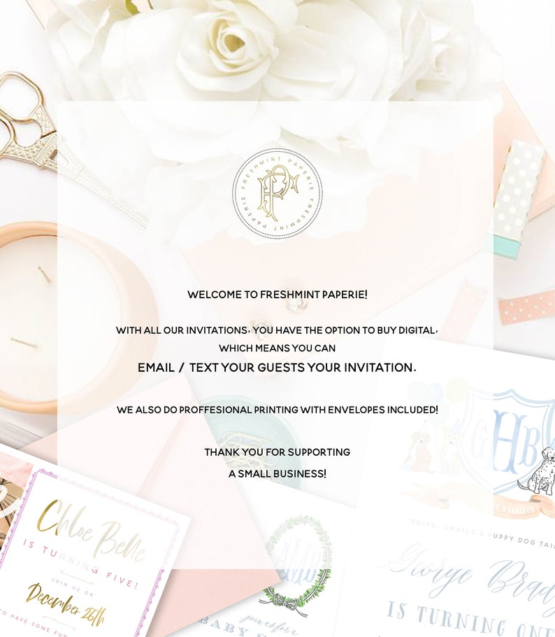 K&ouml;nnte beinhalten: Ein rosa und wei&szlig;er Hintergrund mit dem Text "Willkommen bei Freshmint Paperie!" Der Text setzt sich fort mit "Bei all unseren Einladungen haben Sie die M&ouml;glichkeit, digital zu kaufen, was bedeutet, dass Sie Ihre Einladung per E-Mail oder SMS an Ihre G&auml;ste senden k&ouml;nnen. Wir bieten auch professionellen Druck mit Umschl&auml;gen an! Vielen Dank f&uuml;r die Unterst&uuml;tzung eines Kleinunternehmens!"
