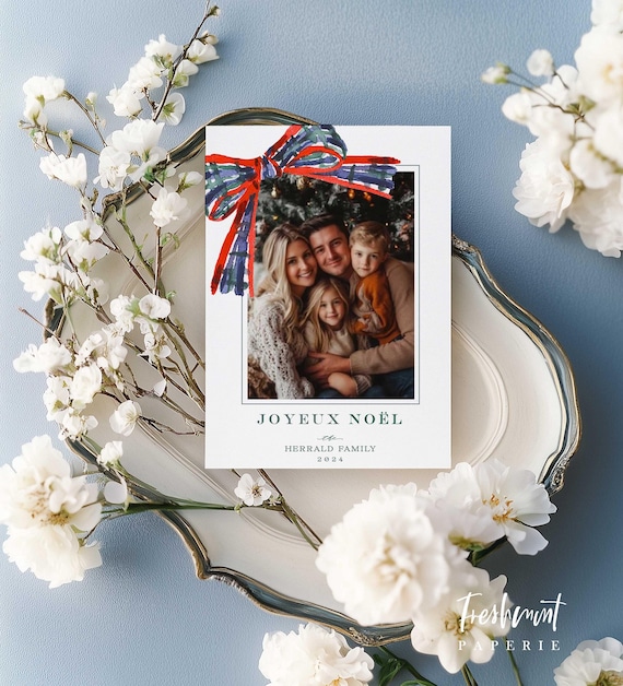 Plaid Ribbon Photo Holiday Card, Custom Christmas Cards