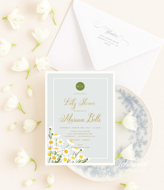 Daisy Baby Shower Invitation - Monogram - Summer - Neutral