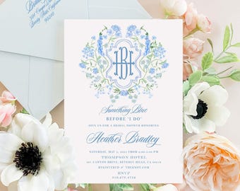 Blue Floral Bridal Shower Invitation: Watercolor Monogram Crest