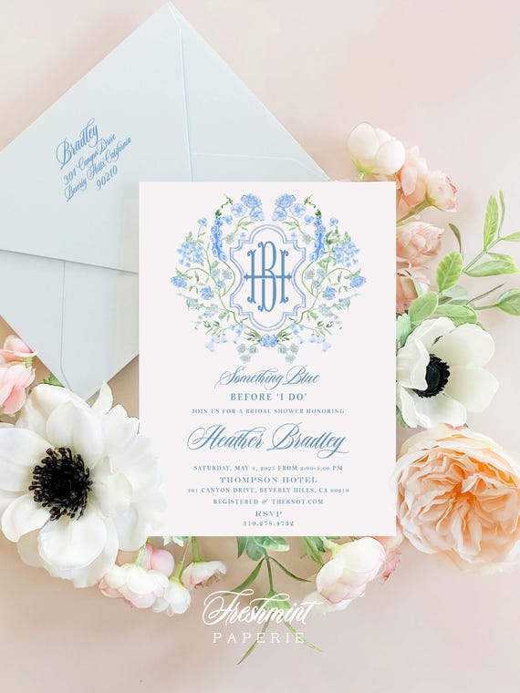 Something Blue invitation, Bridal Brunch invitation, Bridal Shower Invitation, Monogram, Watercolor Crest,  Blue Floral monogram crest