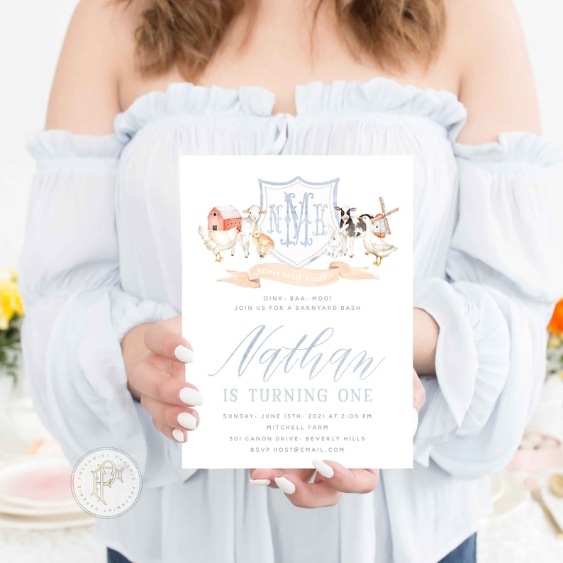 May include: A blue and white invitation with a farm animal theme. The invitation says "Dink, baa, moo! Join us for a barnyard bash. Nathan is turning one. Sunday, June 15th, 2021 at 2:00 PM. Mitchell Farm, 301 Canon Drive, Beverly Hills. RSVP host@email.com"