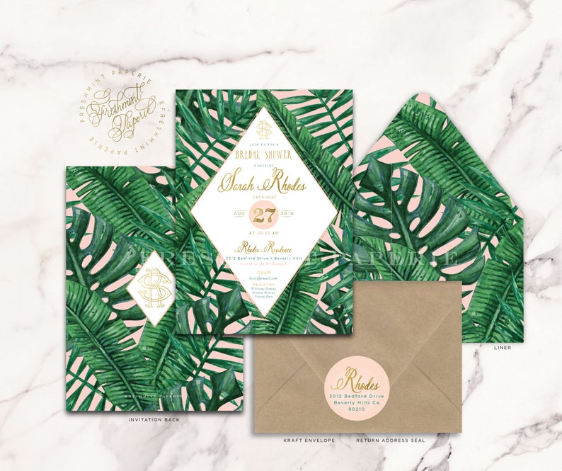 freshmint paperie banana leaf invitation Tropical invitation palm tree invitation bridal shower invitation baby shower