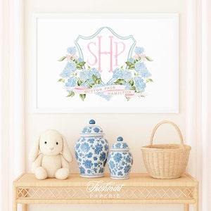 Decorazione murale per cameretta con ortensie, decorazione murale per cameretta con monogramma, stampa per cameretta, stampa floreale ad acquerello per cameretta, decorazione murale personalizzata per cameretta, fiocco rosa