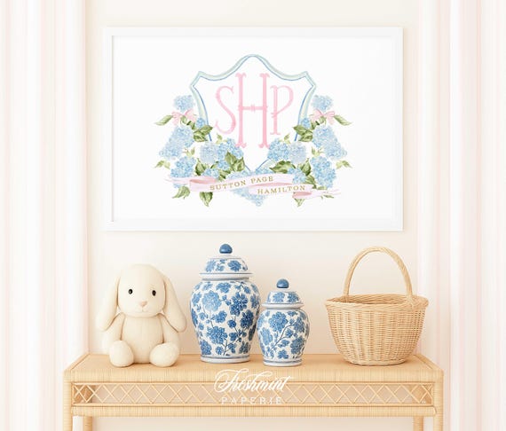 Hydrangea nursery wall art, Monogram Nursery Wall Art, Nursery print, Watercolor Floral Nursery Print, Custom nursery wall art, Pink Bow