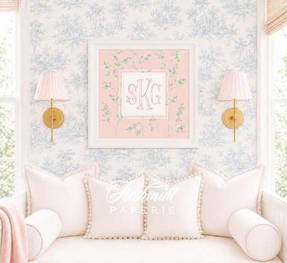 Monogram Wall Art, Chinoiserie, Cherry Blossom, Grandmillennial, Watercolor