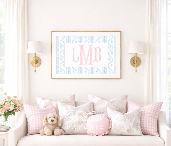 Watercolor Floral Nursery wall art, Monogram, Toile, Pink and Blue