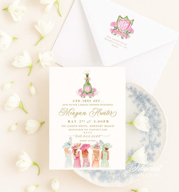 Derby Bridal Shower Invitation, Run for the Roses, Kentucky Derby, Monogram, Crest, Watercolor
