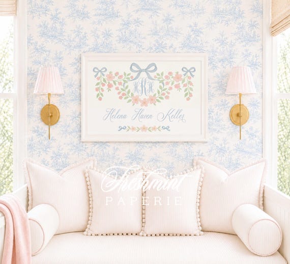 Watercolor Floral Monogram Nursery Print, Custom Name Wall Art