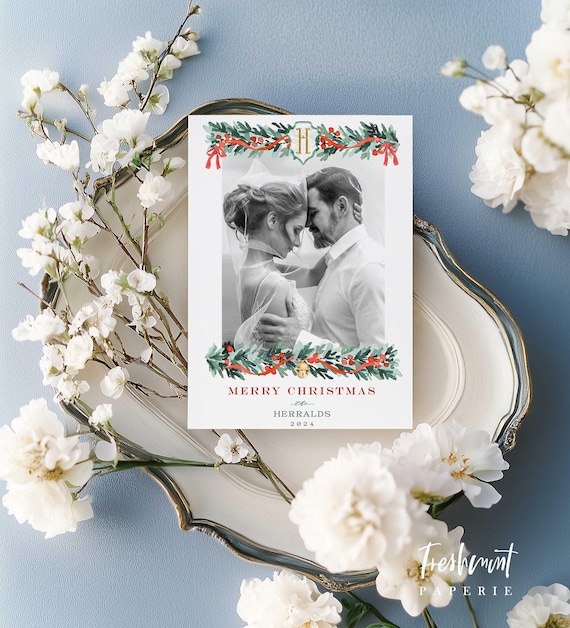 Red ribbon Holiday Cards, Christmas card, Garland Christmas cards, Photo holiday cards, Pretty Holiday Cards, Red ribbon, Red bow, Garland