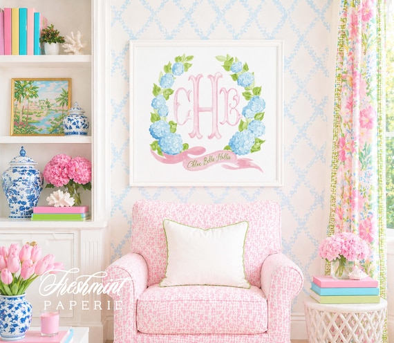 Monogram Wall Art, Blue Hydrangeas, Grandmillennial, Chinoiserie, Watercolor