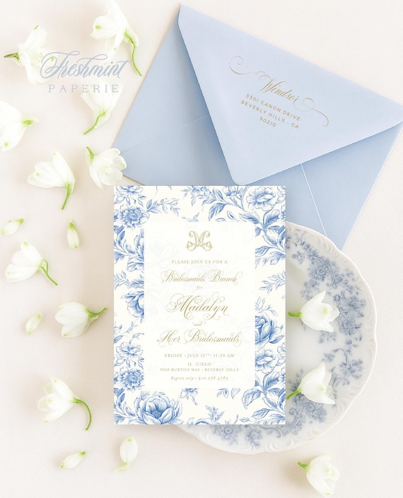 Bridesmaids Brunch invitation, Something Blue invitation, Bridal Shower Invitation, chinoiserie invitation, Bridal Brunch invitation, Toile