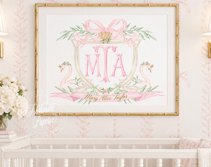 Swan Nursery Monogram Print, Pink Bow, Grandmillennial