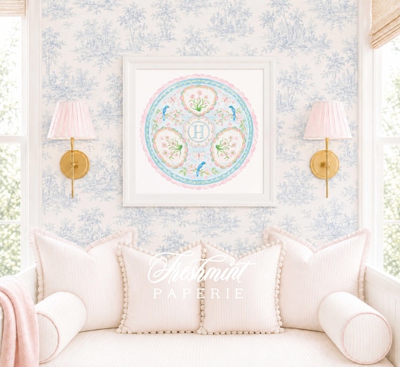 Medallion Wall Art, Monogram, Rose Medallion, Grandmillennial, Watercolor