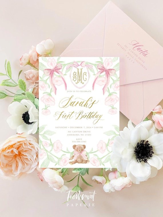 Teddy Bear Birthday Invitation, Pink Bow Birthday Invitation, Girls invitation, Gingham Invitation, Monogram, Teddy Bear invitation, Bows