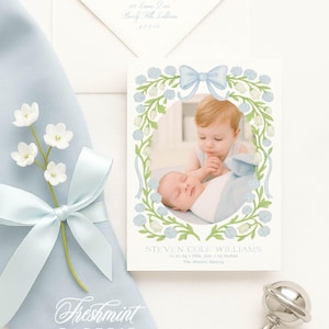 Anuncio de nacimiento en acuarela, anuncio de nacimiento de niño, anuncio de nacimiento, anuncio de nacimiento con lazo azul, anuncio de nacimiento, bienvenido bebé