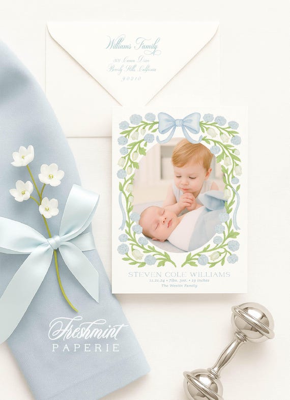 Watercolor Birth Announcement, Boy Birth Announcement, Birth Announcement, Blue Bow Birth Announcement, Birth Announcement, Welcome Baby