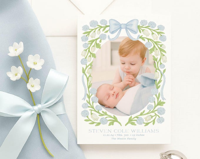 Watercolor Baby Boy Birth Announcement: Blue Bow Design