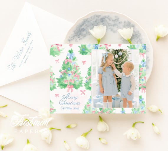 Christmas Tree Photo Holiday Cards: Pink bow Ornaments, Blue Bow, Grandmillennial