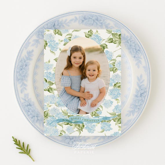 Watercolor Hydrangea Holiday Photo Cards: Grandmillennial Christmas