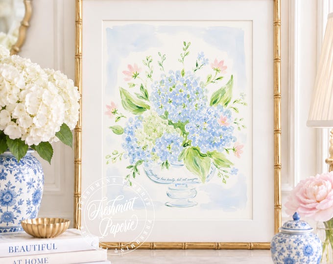 Hydrangea Vase wall art, Watercolor, Grandmillennial, Floral, Chinoiserie, Ginger Jar