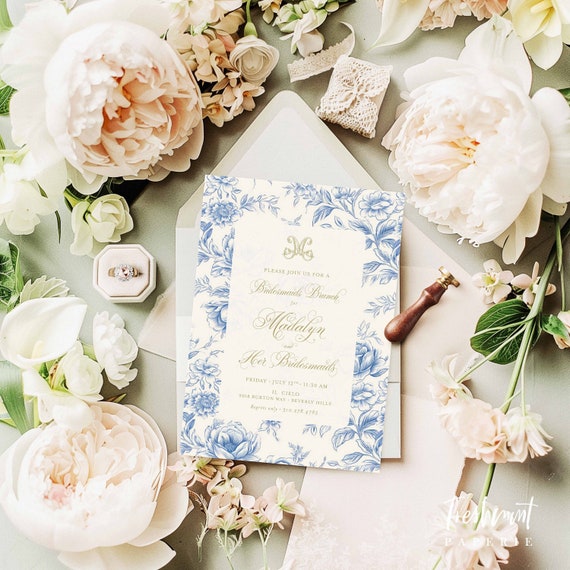 Bridesmaids Brunch invitation, Something Blue invitation, Bridal Shower Invitation, chinoiserie invitation, Bridal Brunch invitation, Toile