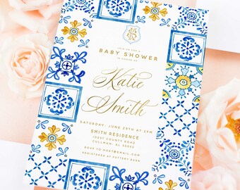 Lemon invitation - Citrus invitation - Baby Shower invitation - Blue Porcelain invitation - Mediterranean invite - Mediterranean Tile invite