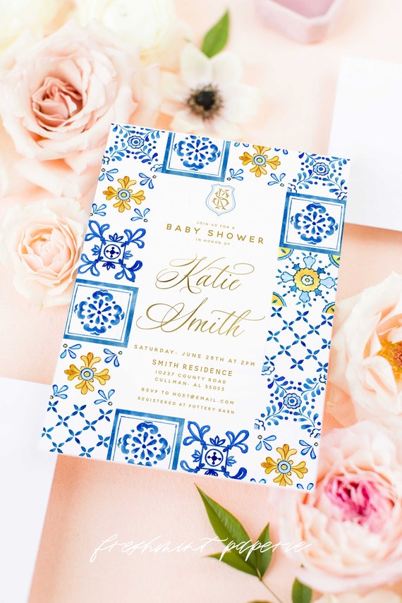 Lemon invitation - Citrus invitation - Baby Shower invitation - Blue Porcelain invitation - Mediterranean invite - Mediterranean Tile invite