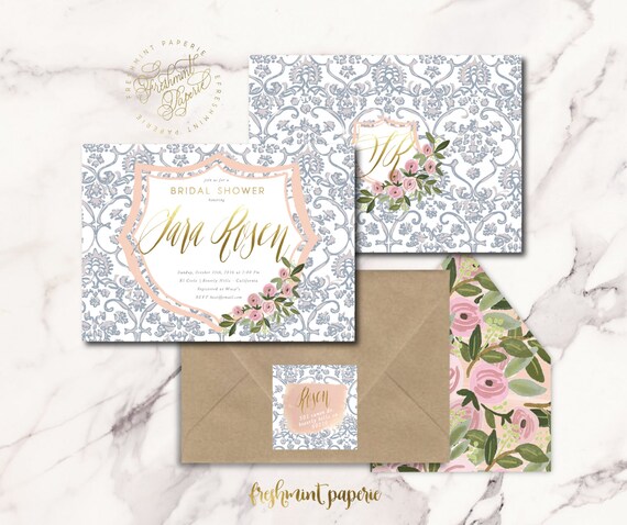 Crest invitation - floral invitation - bridal shower invitation - watercolor invitation - blue porcelain invitation - floral invitation