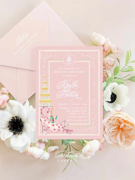 Champagne invitation, Bridal Shower Brunch, Monogram, Pink & Orange invitation
