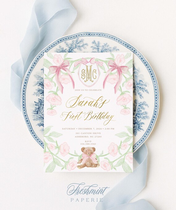 Teddy Bear Birthday Invitation, Pink Bow Gingham, Monogram