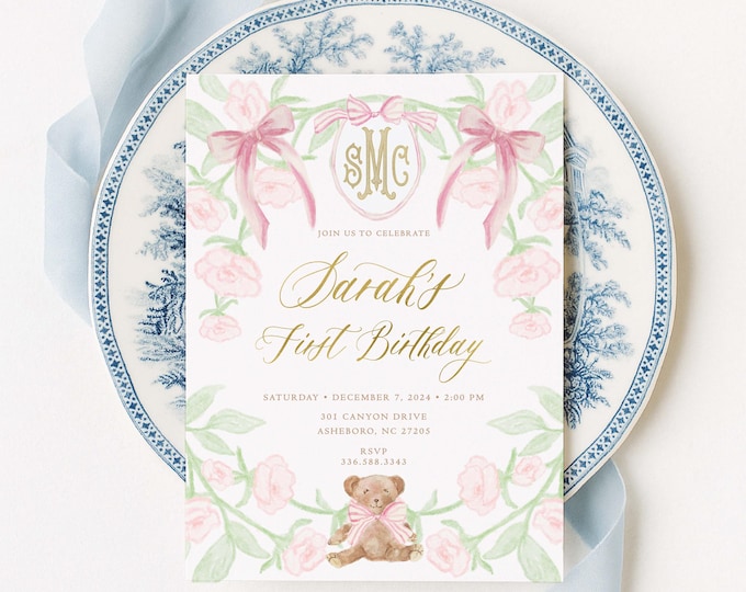Teddy Bear Birthday Invitation, Pink Bow Gingham, Monogram