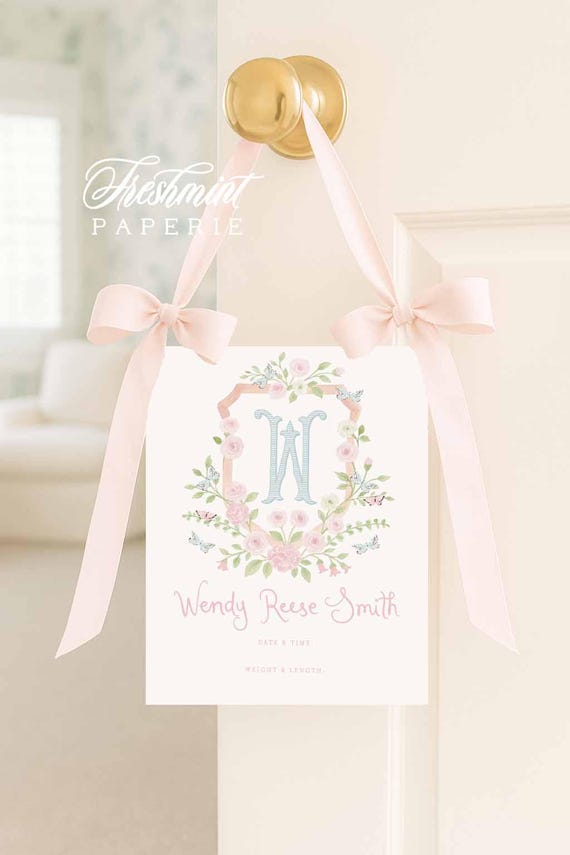 Watercolor Crest newborn sign, Nursery wall art, Monogram Nursery Art, Nursery name print, Newborn Sign, Announcement, Welcome Baby Sign