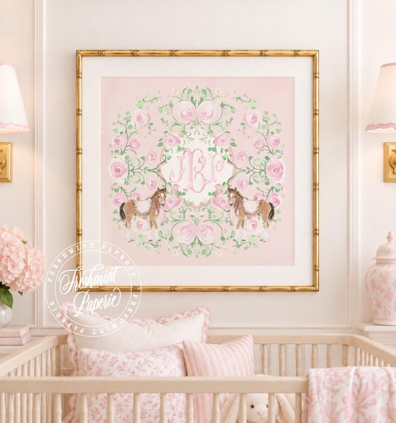Horse Monogram Wall Art, Monogram, Medallion, Grandmillennial, Watercolor