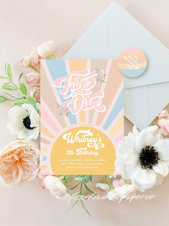 Vibe Birthday Invitation, Groovy invitation, Retro Birthday invitation, Groovy Birthday, Hippie Birthday Invitation, Five is a vibe